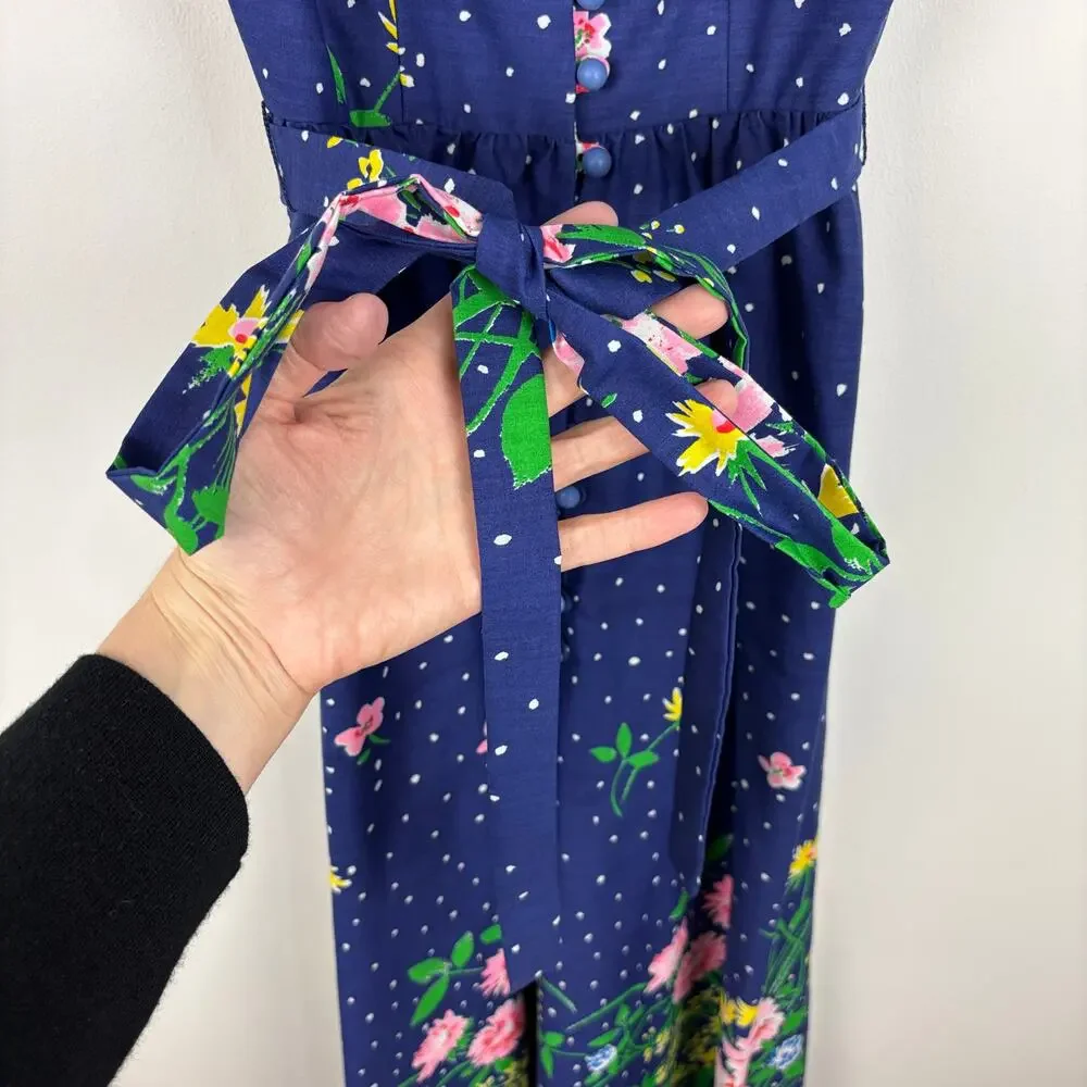 Vintage Chiha Blue Floral Midi Maxi Dress USA polyester/cotton 8 (see measures)